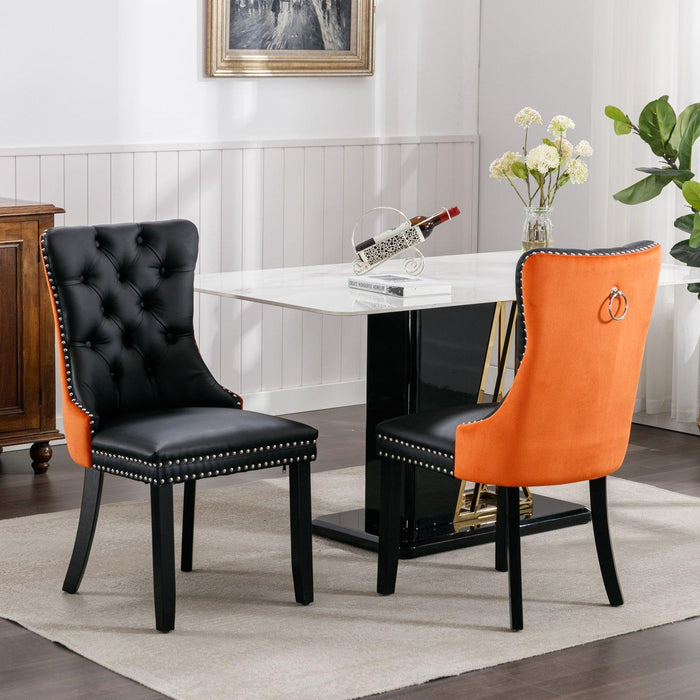 A&A Furniture,Nikki Collection Modern, High-end Tufted Solid Wood Contemporary PU and Velvet Upholstered Dining Chair with Wood Legs Nailhead Trim 2-Pcs Set，Black+Orange