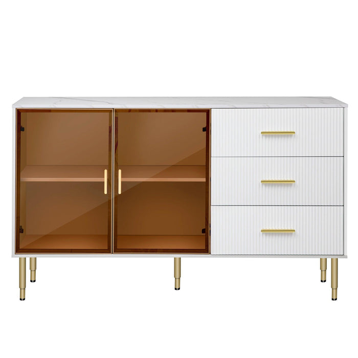 Modern Sideboard MDF Buffet Cabinet with Marble Sticker Tabletop and Glass Doors