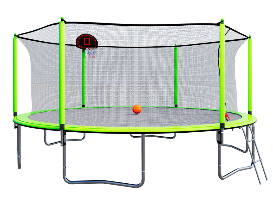 15FT Trampoline with Basketball Hoop Inflator and Ladder(Inner Safety Enclosure) Green - DTYStore