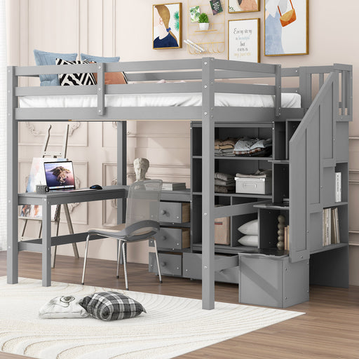 Full Size Loft Bed with L-Shaped Desk and Drawers, Cabinet and Storage Staircase, Gray - DTYStore