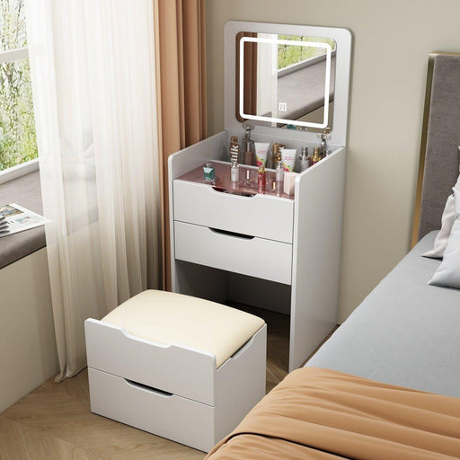 3 in 1 Vanity Desk with Plip Top Mirror, Small Make Up Vanity Set with Visible Glass Desktop, Compact Makeup Vanity with 3 Drawers, Cushioned Tool, Dressing Table for Bedroom - DTYStore