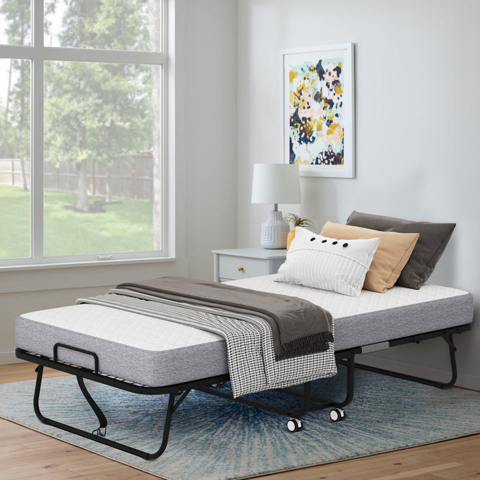 Folding Bed with Mattress 75" x 38" Rollaway Guest Bed Portable Foldable Bed for Adults with 5" Memory Foam Mattress Space-Saving Sturdy Metal Frame Grid Style - DTYStore
