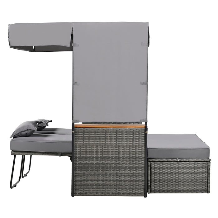 2-Piece Outdoor Rattan Daybed, Outdoor Bed with 5 Positions, Outdoor Loveseat Patio Sofa with Bench Lounge Roof Set and Cushions for Poolside, Backyard and Garden (Grey Wicker + Grey Fabric) - DTYStore