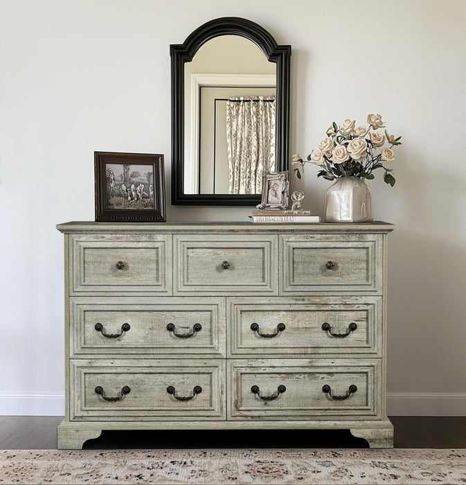 Farmhouse 7 Drawers Dresser for Bedroom, Rustic Chest of Drawers with Natural Texture, Vintage Design, Storage Dressers Organizer for Bedroom, Living Room, Hallway, Antique White