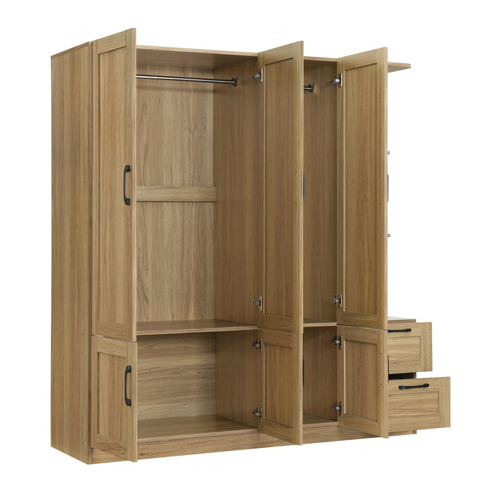 3 Door Wooden Storage Wardrobe for Dedroom with Shelves and 2 Drawers, Side Storage Shelves,Nature - DTYStore