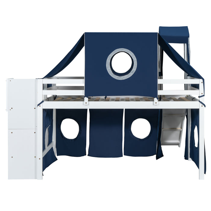 Twin Size Loft Bed with Tent and Tower - Blue - DTYStore