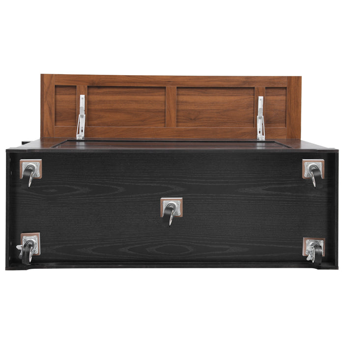 53'' Farmhouse Kitchen Island with Two Tempered Glass Cabinet Doors, Power Outlet, Rolling Kitchen Cart on Wheels with Drop Leaf, 5 Open Side Racks, 3 Drawers, for Kitchen, Dining Room, Black - DTYStore