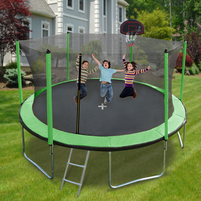 15FT Trampoline with Basketball Hoop Inflator and Ladder(Inner Safety Enclosure) Green - DTYStore
