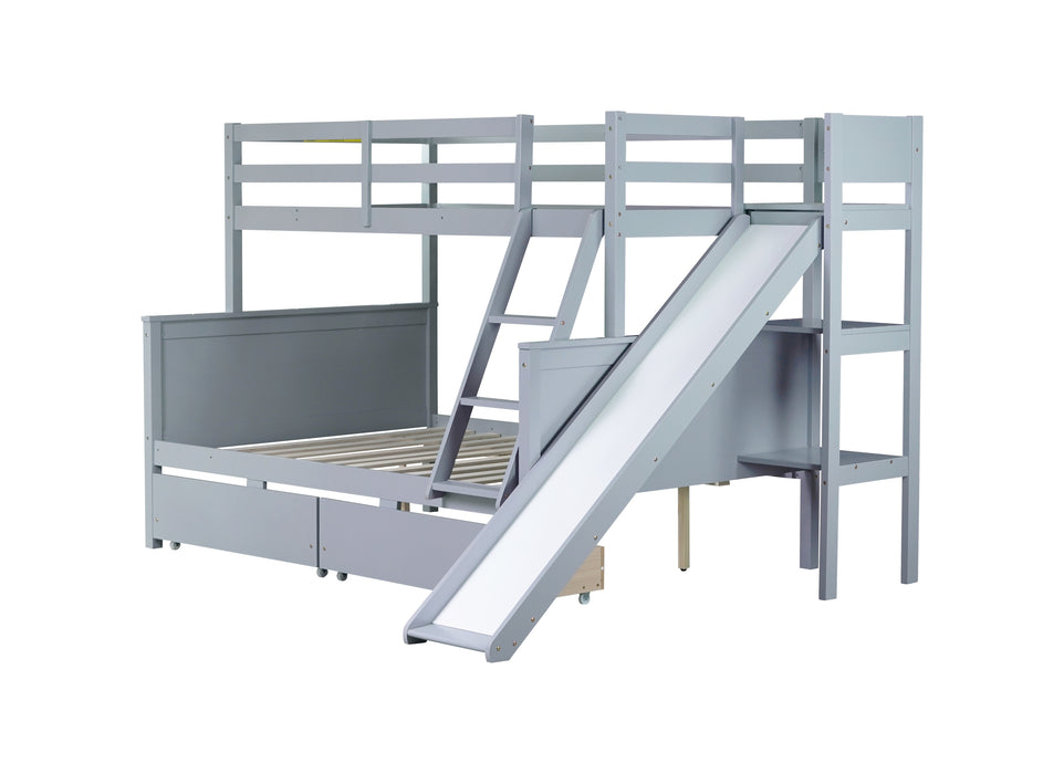 Twin over Full Bunk Bed with 2 Drawers, Slide, Shelves, Ladder, Rubber Wood Bunk Bed with Slide, Drawers,Grey(Old Sku:W504S00061) - DTYStore