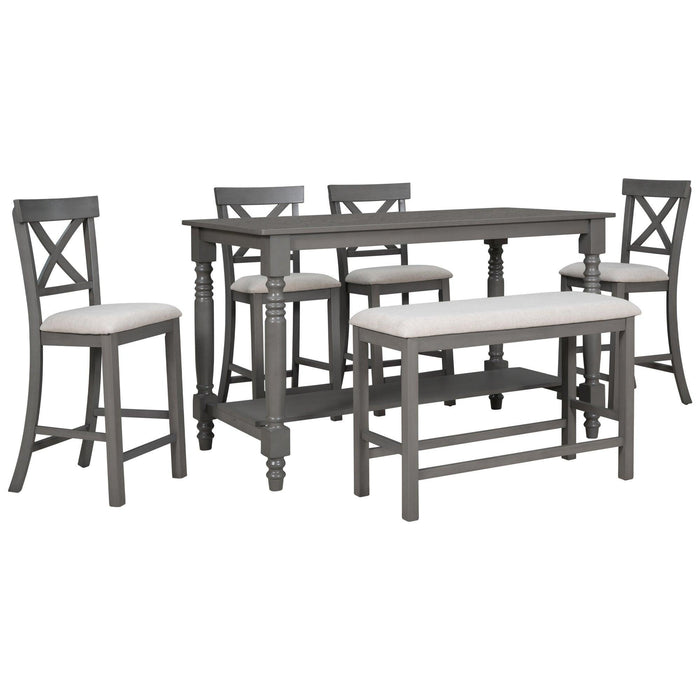 6-Piece Counter Height Dining Table Set with Shelf, 4 Chairs and Bench for Dining Room