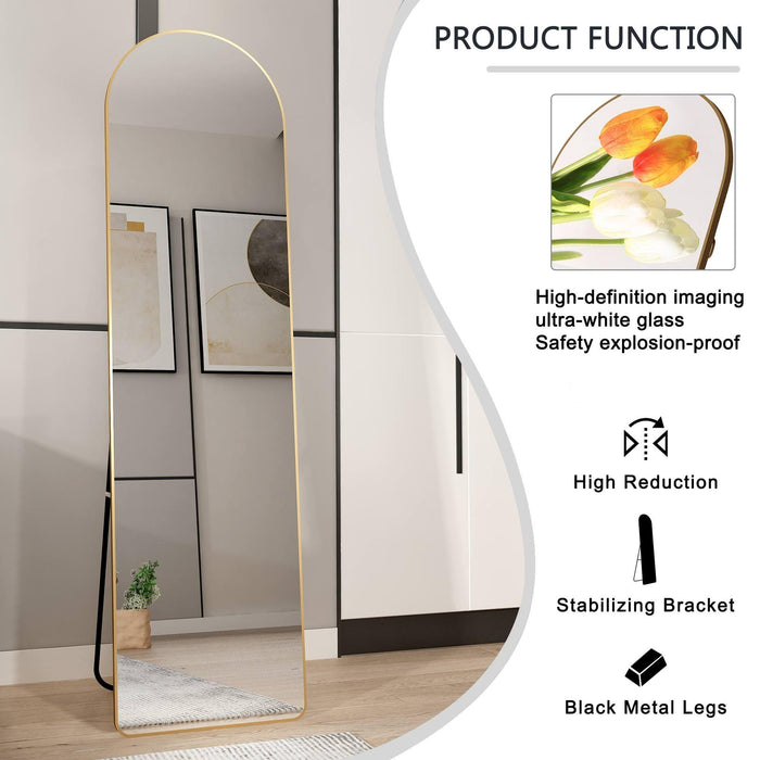 The 1st Generation of Floor Mounted Full Length Mirrors. Aluminum alloy metal frame arched wall mirror, bathroom makeup mirror, bedroom porch, wall mounted. Gold 60 "* 16.5"