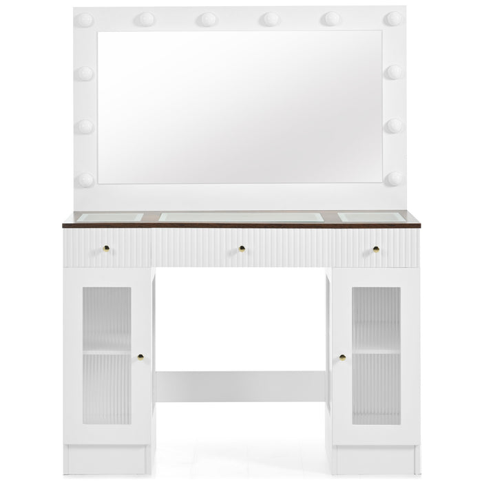 43.3' Vanity Desk with Large Mirror and Hollywood Bulbs, Modern Glass Top Makeup Vanity with Drawers and Power Outlet, Large Dressing Table with 3 Color Lighting Modes & RGB Cabinets for Bedroom - DTYStore