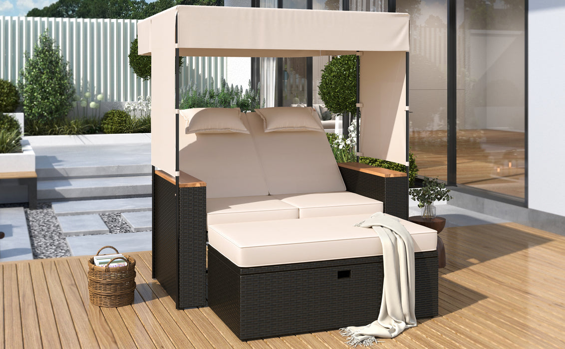 2-Piece Outdoor Rattan Daybed, Outdoor Bed with 5 Positions, Outdoor Loveseat Patio Sofa with Bench Lounge Roof Set and Cushions for Poolside, Backyard and Garden (Brown Wicker + Beige Fabric) - DTYStore