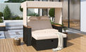 2-Piece Outdoor Rattan Daybed, Outdoor Bed with 5 Positions, Outdoor Loveseat Patio Sofa with Bench Lounge Roof Set and Cushions for Poolside, Backyard and Garden (Brown Wicker + Beige Fabric) - DTYStore