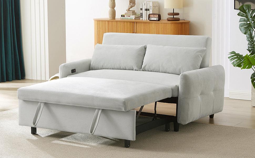 57.48" Pull-out Sofa Bed Convertible Couch 2 Seat Loveseat Sofa Modern Sleeper Sofa with Two Throw Pillows and USB Ports for Living Room, Light Blue