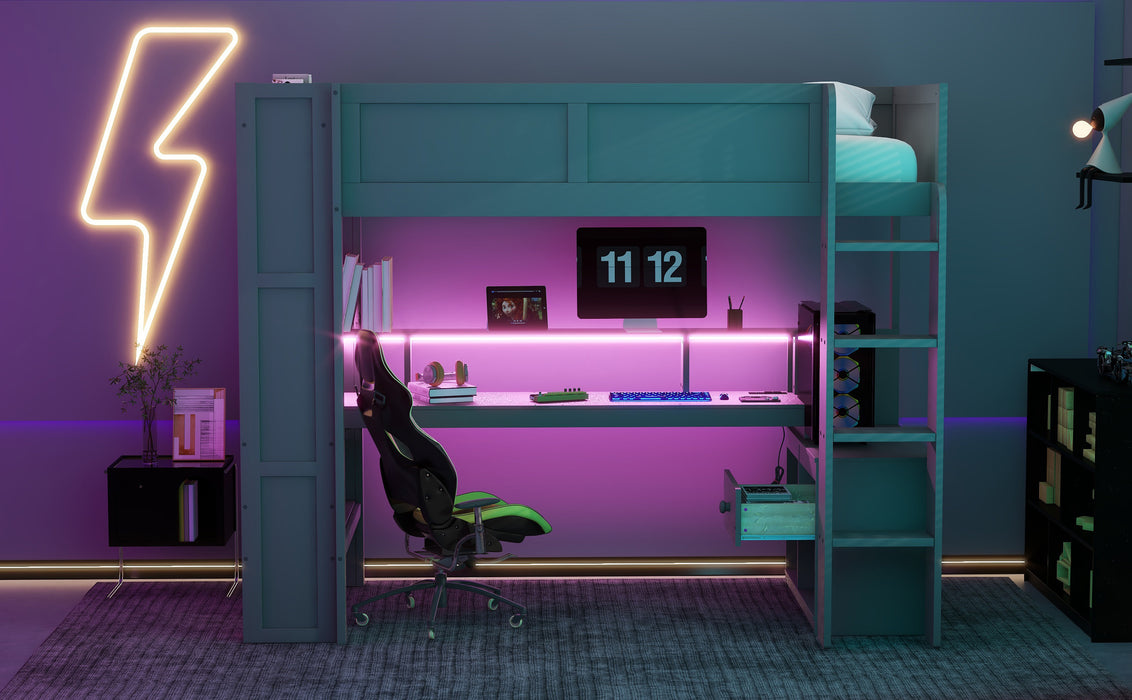 Wood Twin Size Gaming Loft Bed with Desk, Multi-storage Shelves, LED and Charging Station, Dark Gray - DTYStore