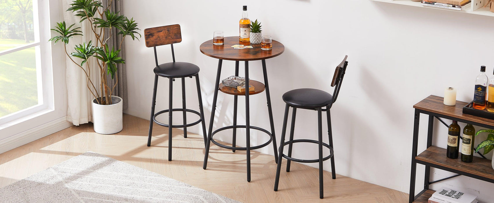 Round Bar Stool Set With Shelf, Upholstered Stool With Backrest, Rustic Brown, 23.62'' W x 23.62'' D x 35.43'' H