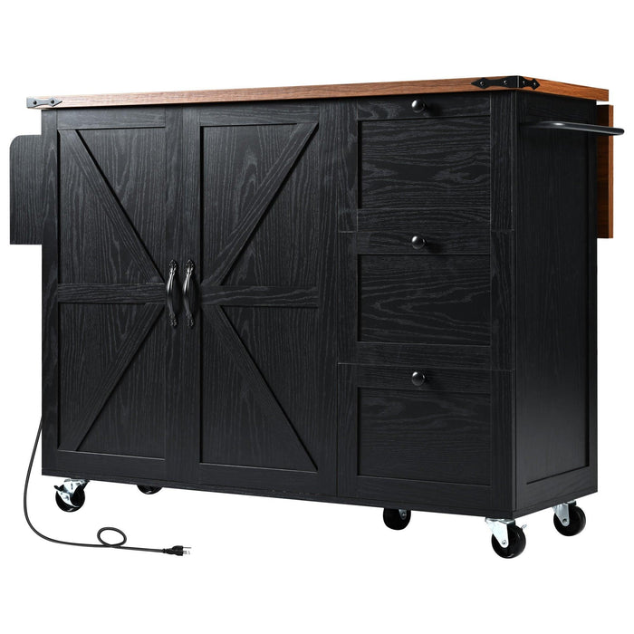 K&K 54.5" Farmhouse Kitchen Island with Power Outlet, Kitchen Storage Island with Internal Storage Rack, Drop Leaf, Spice Rack, Rolling Kitchen Cart on Wheels, for Home, Kitchen and Dining Room,Black