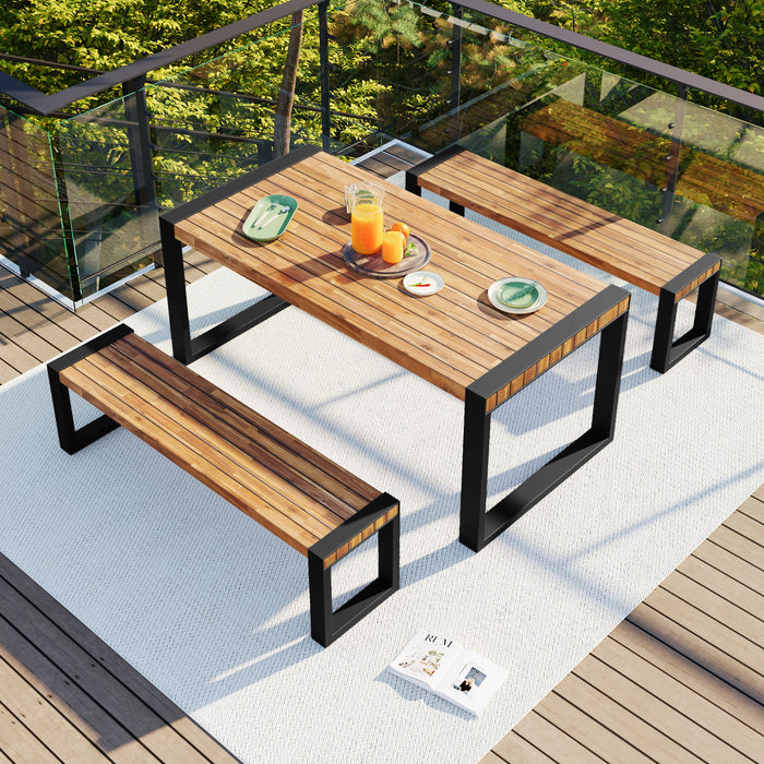 GO 3-pieces Outdoor Dining Table With 2 Benches, Patio Dining Set With Unique Top Texture, Acacia Wood Top & Steel Frame, All Weather Use, For Outdoor & Indoor, Natural - DTYStore