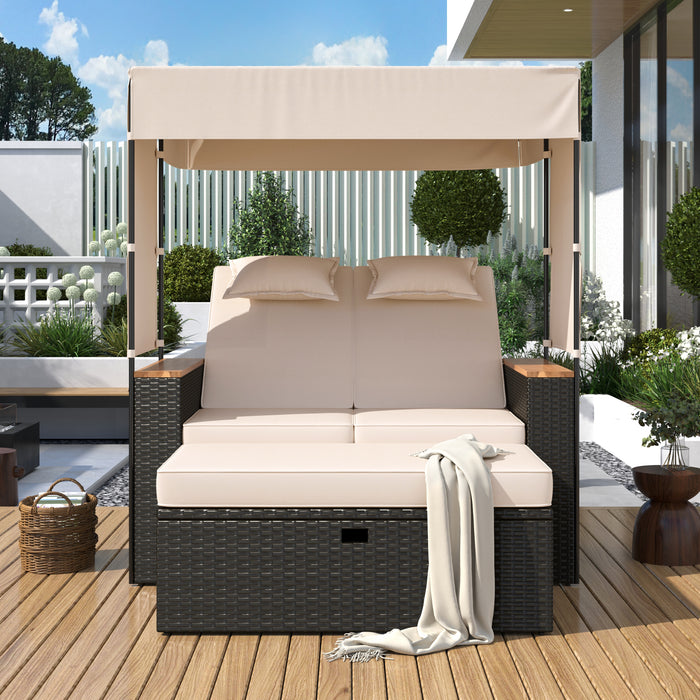 2-Piece Outdoor Rattan Daybed, Outdoor Bed with 5 Positions, Outdoor Loveseat Patio Sofa with Bench Lounge Roof Set and Cushions for Poolside, Backyard and Garden (Brown Wicker + Beige Fabric) - DTYStore