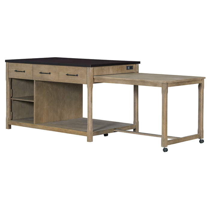 Extendable Kitchen Island with Storage, Multi-Functional Kitchen Cart with Built-In Power Outlets, Retro Kitchen Island on Wheels with Drawers and Open Shelves for Kitchen (Espresso+Natural) - DTYStore