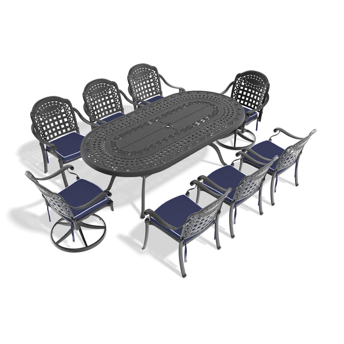 9-Piece All-Weather Cast Aluminum Dining Set, Include 2 Swivel Chairs,6 Dining Chairs and Oval Table With Black Frame - DTYStore