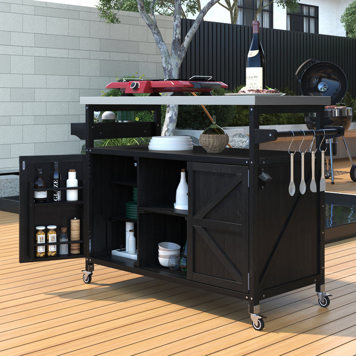 Outdoor Kitchen Island, Rolling Bar Cart & Storage Cabinet, Farmhouse Solid Wood Outdoor Grill Table with Stainless Steel Top, Spice Rack , Towel Rack for Kitchen & Barbecue, Black - DTYStore
