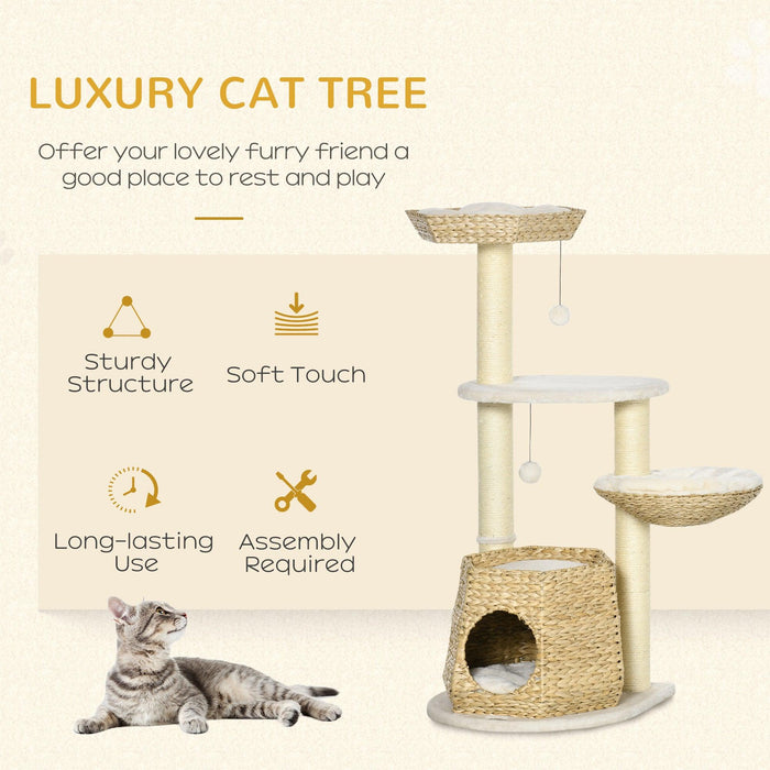 47" Cat Tree Kitty Activity Center, Cat Climbing Toy with Cattail Fluff, Bed, Condo, Sisal Scratching Post, and Hanging Ball, Natural