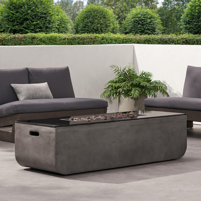 56" Outdoor Patio Concrete Fire table, Rectangle Gas Burning Fire Pit - 50, 000 BTU, Light Grey + Black Top (Tank Cover not Included)