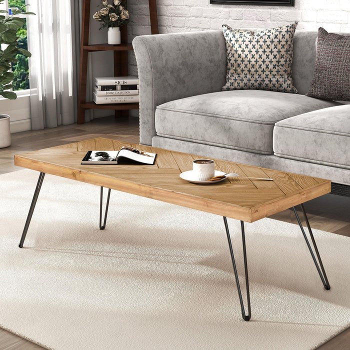 ON-TREND Modern Coffee Table, Easy Assembly Tea Table, Cocktail Table with w/Chevron Pattern & Metal Hairpin Legs for Living Room, Ash Wood Finished