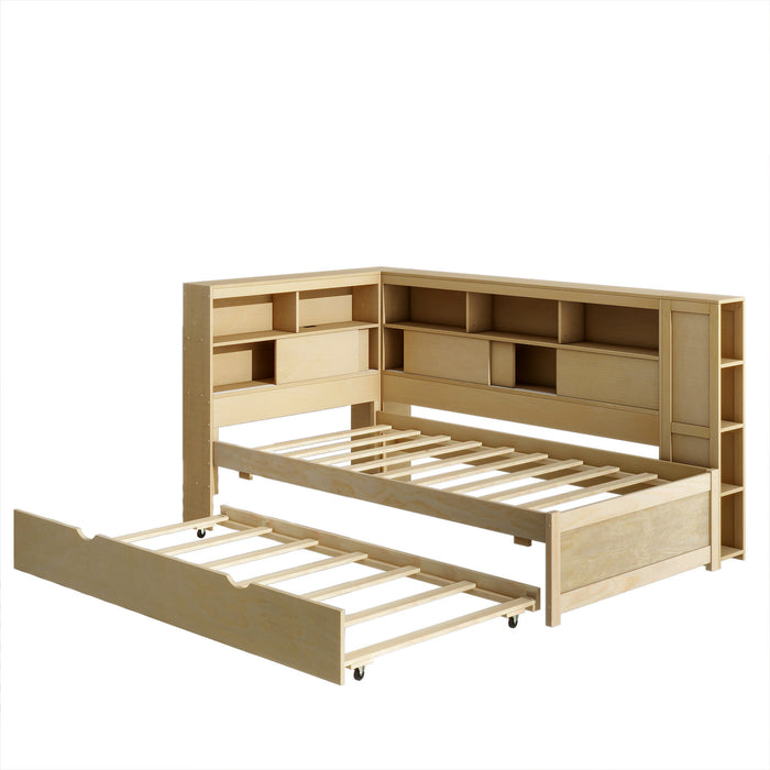 Twin Size Wood Daybed with Storage Shelves, USB and Trundle, Natural - DTYStore