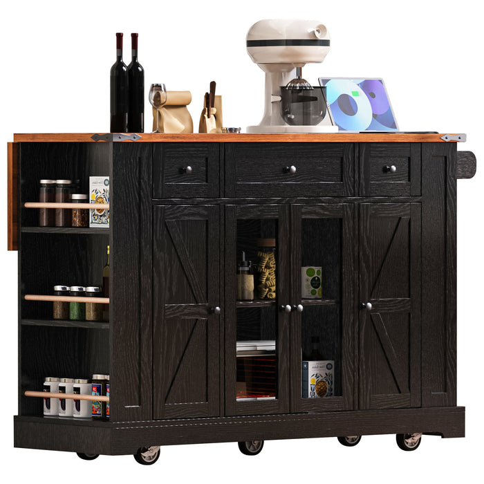 53'' Farmhouse Kitchen Island with Two Tempered Glass Cabinet Doors, Power Outlet, Rolling Kitchen Cart on Wheels with Drop Leaf, 5 Open Side Racks, 3 Drawers, for Kitchen, Dining Room, Black - DTYStore