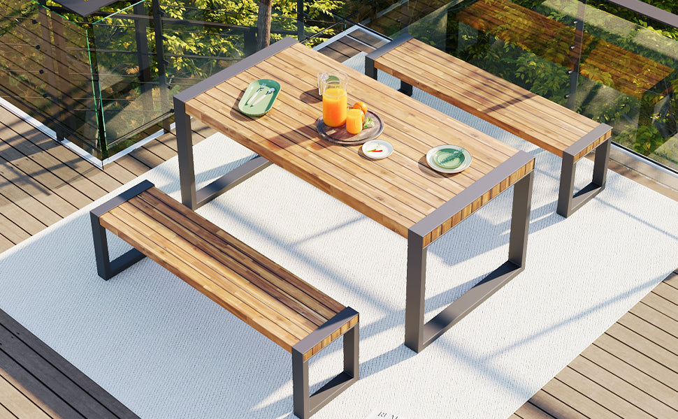 GO 3-pieces Outdoor Dining Table With 2 Benches, Patio Dining Set With Unique Top Texture, Acacia Wood Top & Steel Frame, All Weather Use, For Outdoor & Indoor, Natural - DTYStore