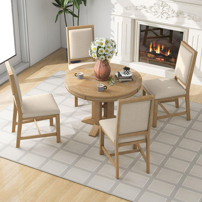 5-Piece Extendable Round Dining Set with Upholstered Chairs for Kitchen, Dining Room