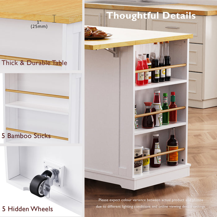 48inch Large Kitchen Island with 2 Bar Stools, Power Outlet, Door Internal Storage Rack, Kitchen Storage Cart on 5 Wheels with Drop Leaf, 5 Open Side Racks, 2 Drawers,for Kitchen,Dining Room,White - DTYStore