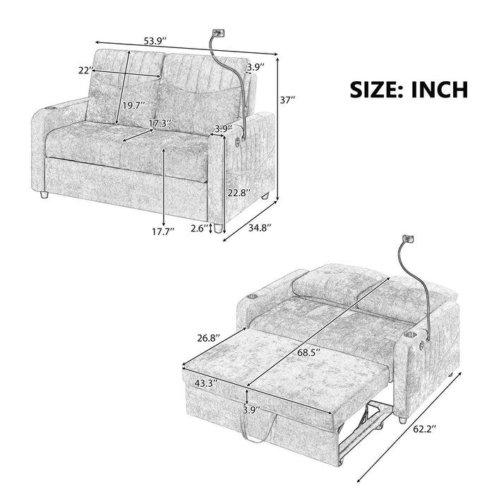 53.9" Modern Loveseat Pull-out Sofa Bed with Adjustable Backrest, Two Cup Holders , a Phone Holder, Three Charging Ports and Side Storage Pockets for Living Room, Beige