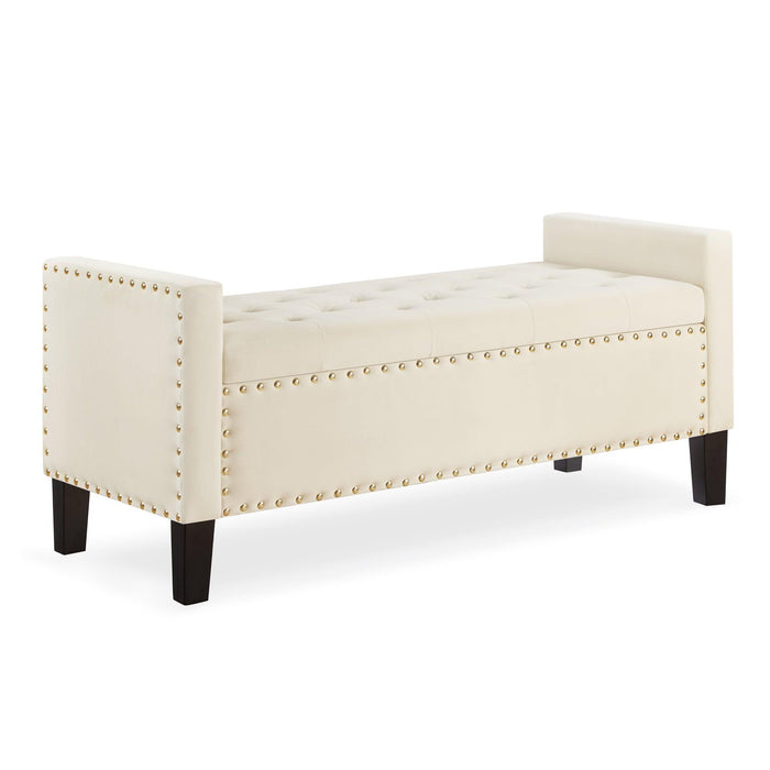 Upholstered Tufted Button Storage Bench with nails trim,Entryway Living Room Soft Padded Seat with Armrest,Bed Bench - Cream