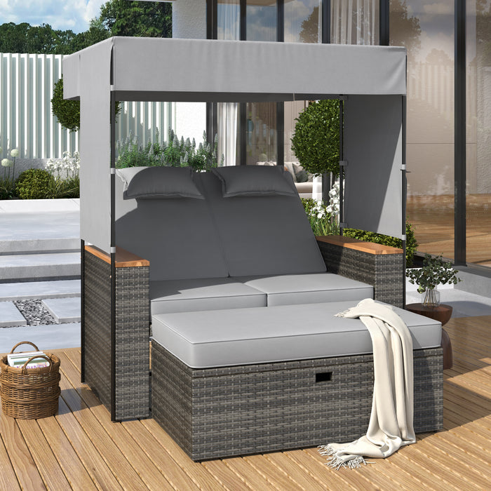 2-Piece Outdoor Rattan Daybed, Outdoor Bed with 5 Positions, Outdoor Loveseat Patio Sofa with Bench Lounge Roof Set and Cushions for Poolside, Backyard and Garden (Grey Wicker + Grey Fabric) - DTYStore