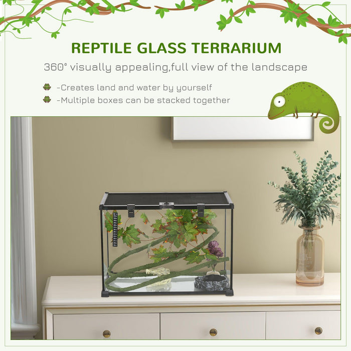 14 Gallon Reptile Glass Terrarium Tank with Decor Kit, Breeding Box Full View with Visually Appealing Sliding Screen Top for Lizards, Frogs, Snakes, Spiders, 20" x 12" x 14", Black - DTYStore