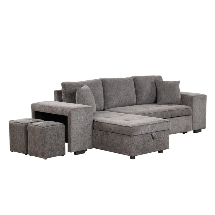 104.5" Modern L-Shape 3 Seat Reversible Sectional Couch, Pull Out Sleeper Sofa with Storage Chaise and 2 Stools for Living Room Furniture Set,Knox Charcoal