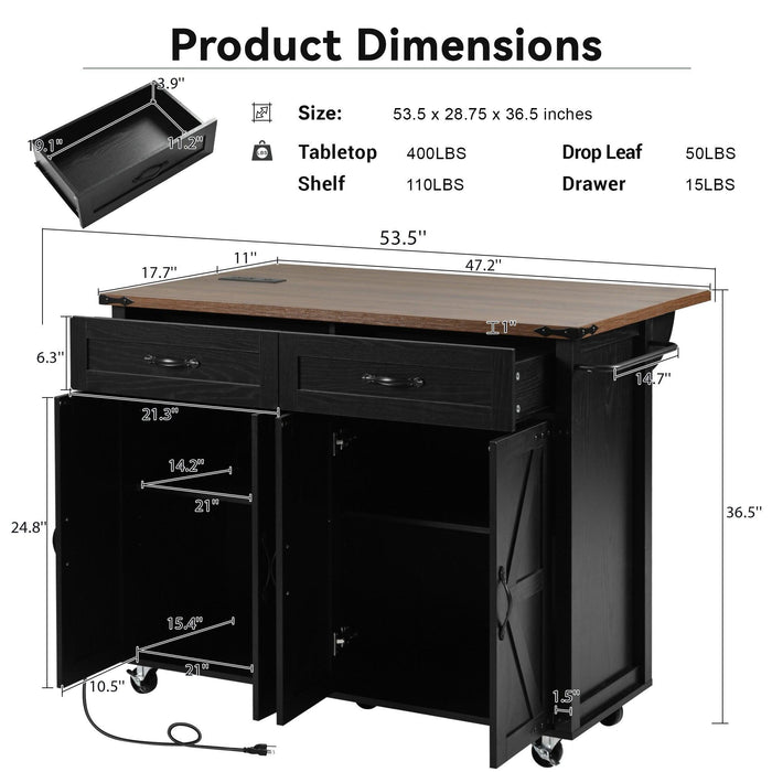 K&K 53.5''Farmhouse Kitchen Island with Power Outlet, Kitchen Storage Island with Drop Leaf, Spice Rack and Drawer, Rolling Kitchen Cart on Wheels, for Home, Kitchen and Dining Room, Black