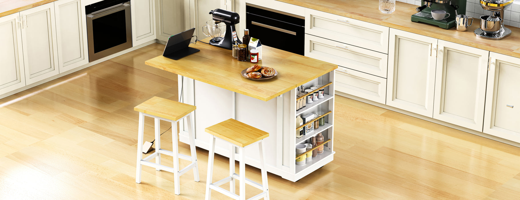 48inch Large Kitchen Island with 2 Bar Stools, Power Outlet, Door Internal Storage Rack, Kitchen Storage Cart on 5 Wheels with Drop Leaf, 5 Open Side Racks, 2 Drawers,for Kitchen,Dining Room,White - DTYStore