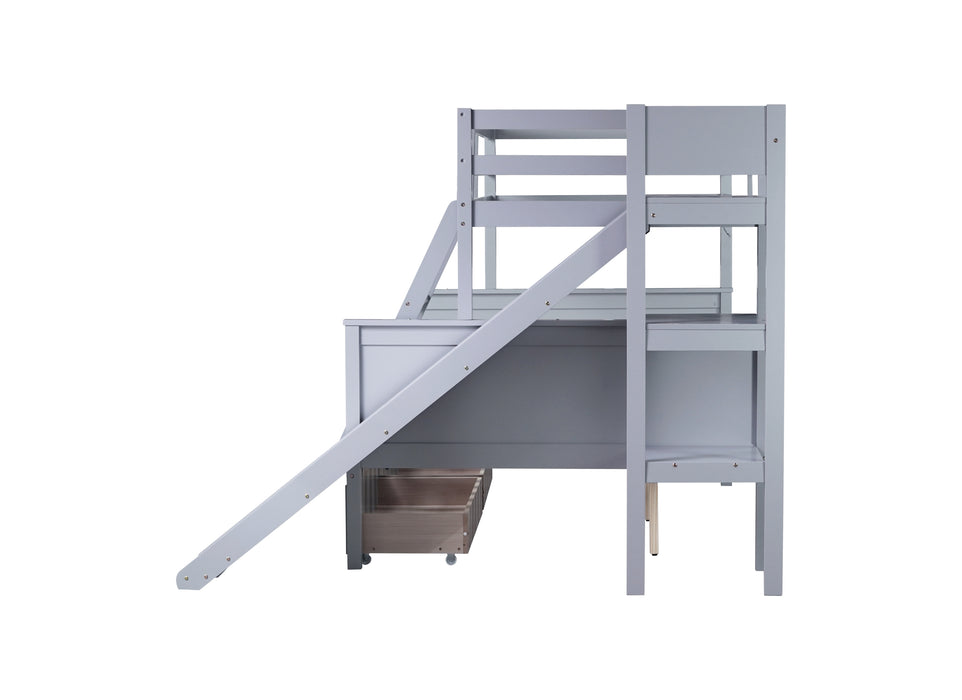 Twin over Full Bunk Bed with 2 Drawers, Slide, Shelves, Ladder, Rubber Wood Bunk Bed with Slide, Drawers,Grey(Old Sku:W504S00061) - DTYStore