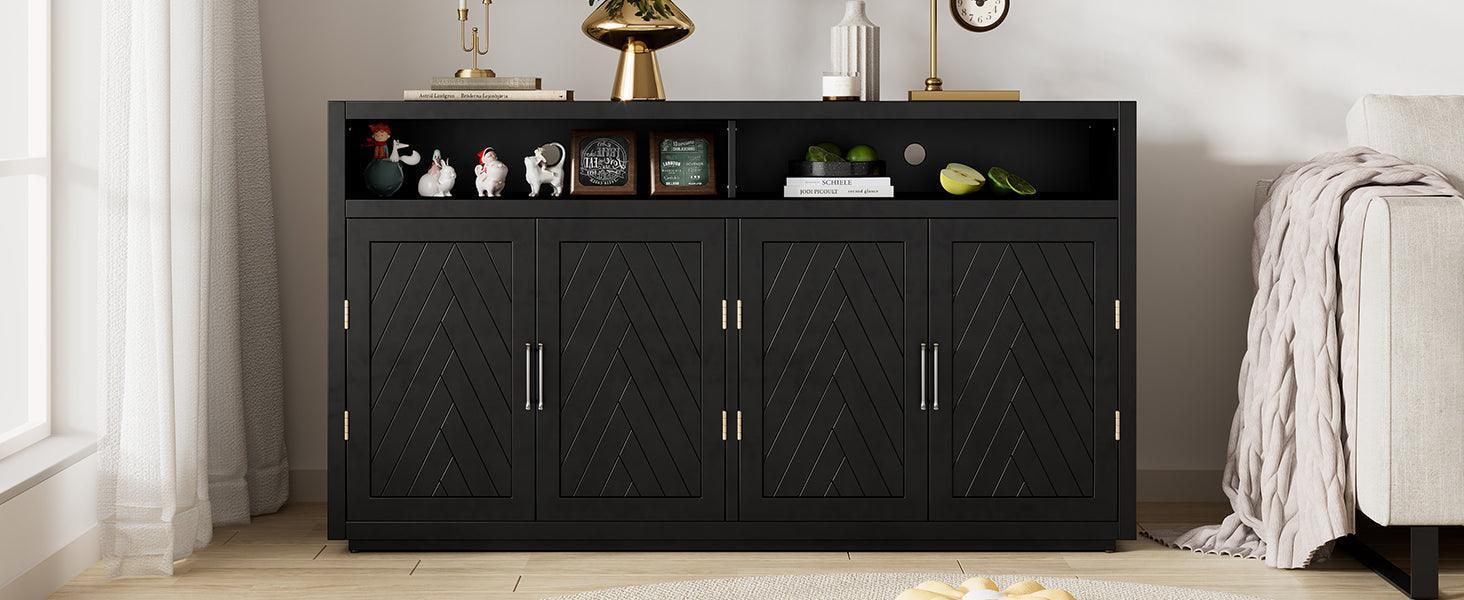 TREXM 4-door Classic Sideboard with Open Storage and Adjustable Shelves Perfect for kitchens, living rooms (Black)