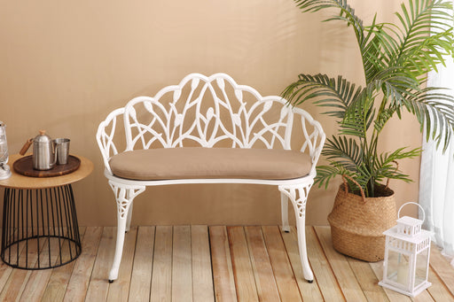 Tulip Patio Garden Bench Metal Park Bench Cast Aluminum Outdoor Furniture with Floral Rose for Patio,Park,Lawn,Yard 
with cushion - DTYStore