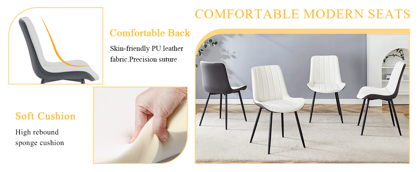 Extended Seat Cushion PU Dining Chair Set - Four Pieces.Smooth line design.Can integrate well into various modern home decoration styles.White and Dark Gray Splicing Colors. - DTYStore