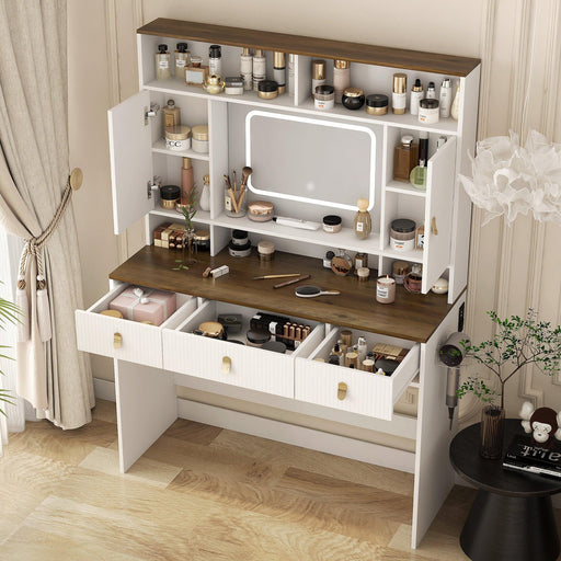 Farmhouse Dressing Table Makeup Table, 43" Wide Dressing Table with Lighted Mirror and Makeup Drawer, Large Modern Dressing Table Set with Hair Dryer Holder for Bedroom, White - DTYStore