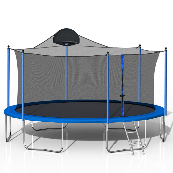 14FT Trampoline for Adults & Kids with Basketball Hoop, Outdoor Trampolines w/Ladder and Safety Enclosure Net for Kids and Adults,Double-side Color cover - DTYStore
