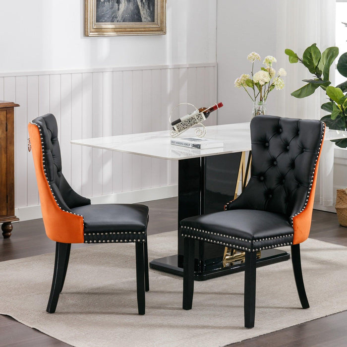 A&A Furniture,Nikki Collection Modern, High-end Tufted Solid Wood Contemporary PU and Velvet Upholstered Dining Chair with Wood Legs Nailhead Trim 2-Pcs Set，Black+Orange