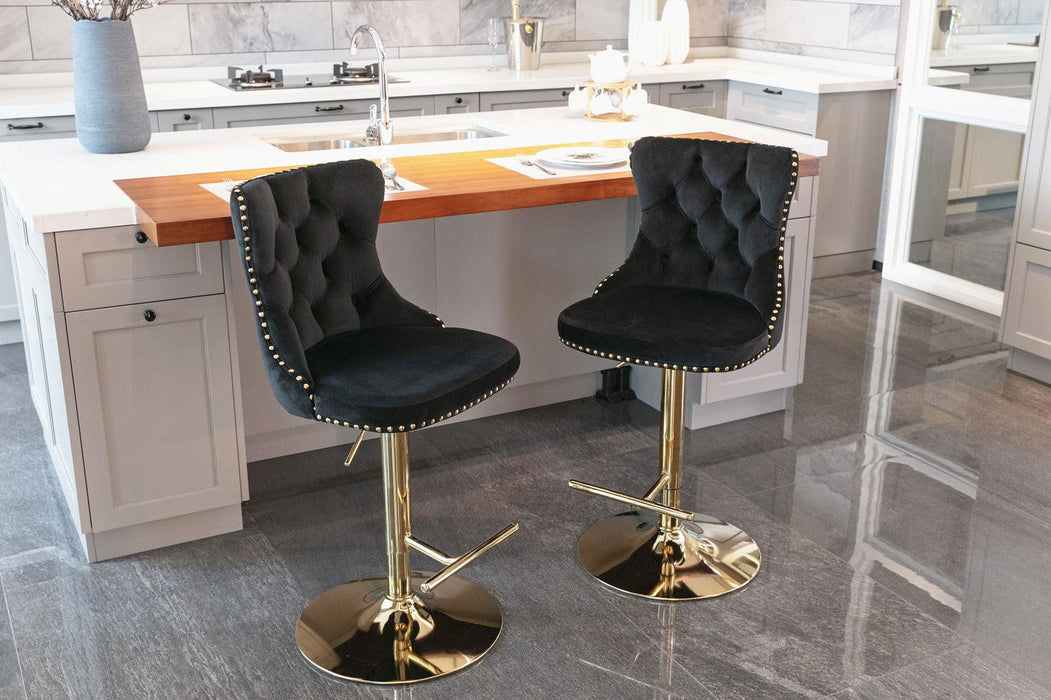 A&A Furniture,Golden Swivel Velvet Barstools Adjusatble Seat Height from 25-33 Inch, Modern Upholstered Bar Stools with Backs Comfortable Tufted for Home Pub and Kitchen Island（Black,Set of 2）